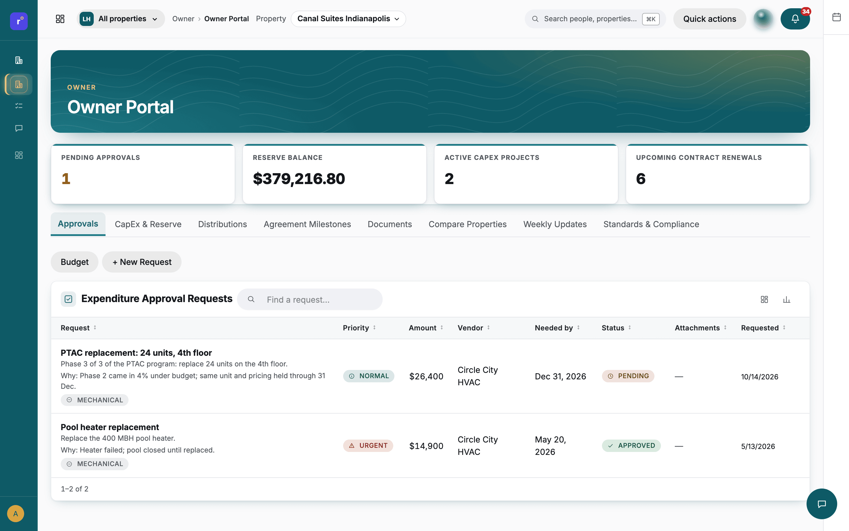 Owner portal: approvals, reserve balance and capital projects