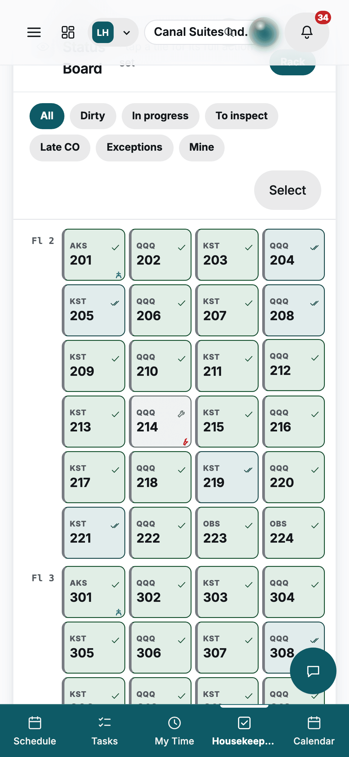 The room board on a phone: every room's status, tap a room to act